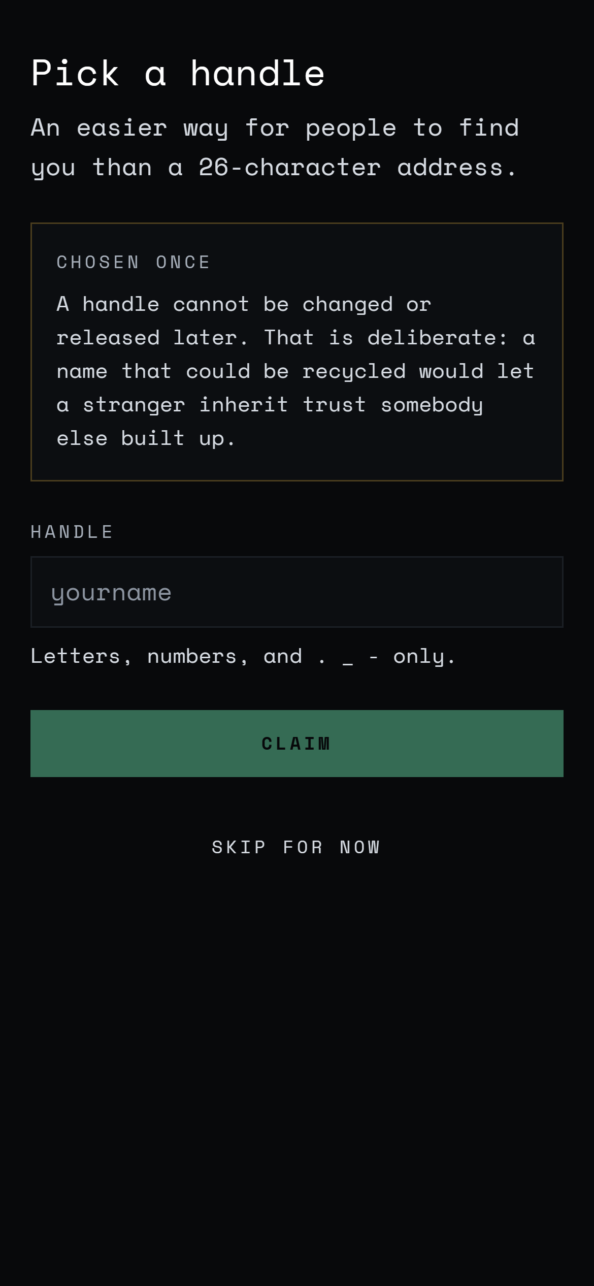 The Ombra handle screen, explaining that a handle is chosen once and cannot be changed.