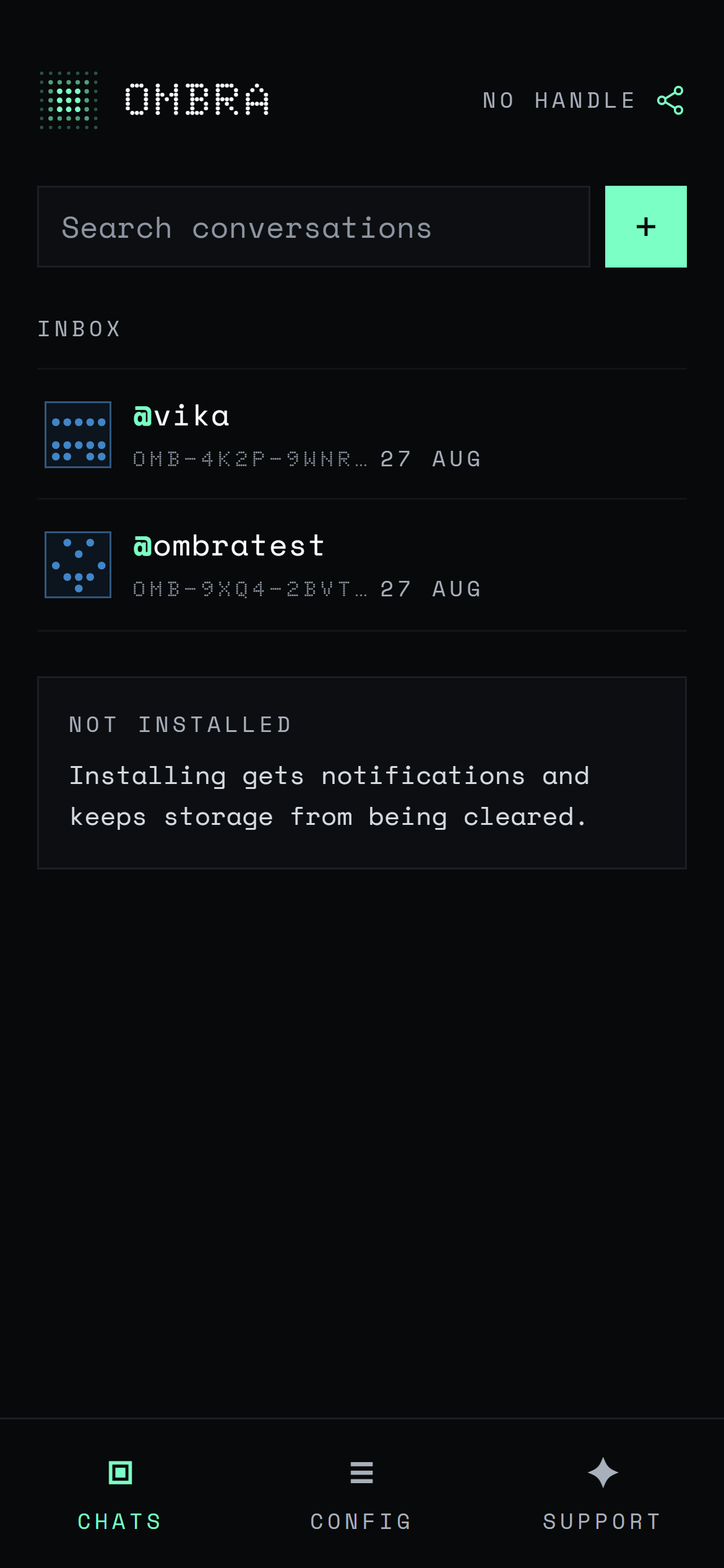 The Ombra inbox, listing two conversations by handle with their addresses shortened underneath.