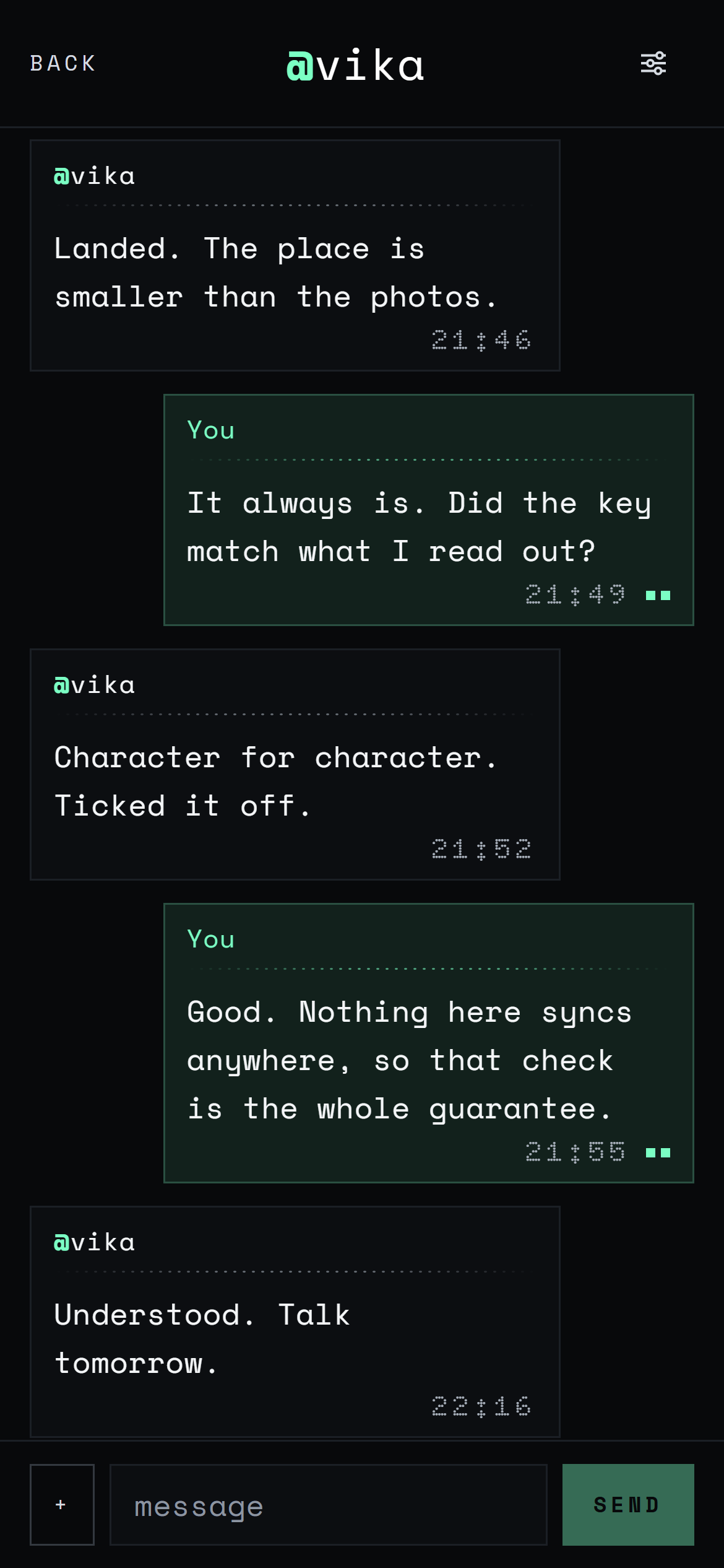 An Ombra conversation, showing messages in bubbles with the sender's handle above each one.